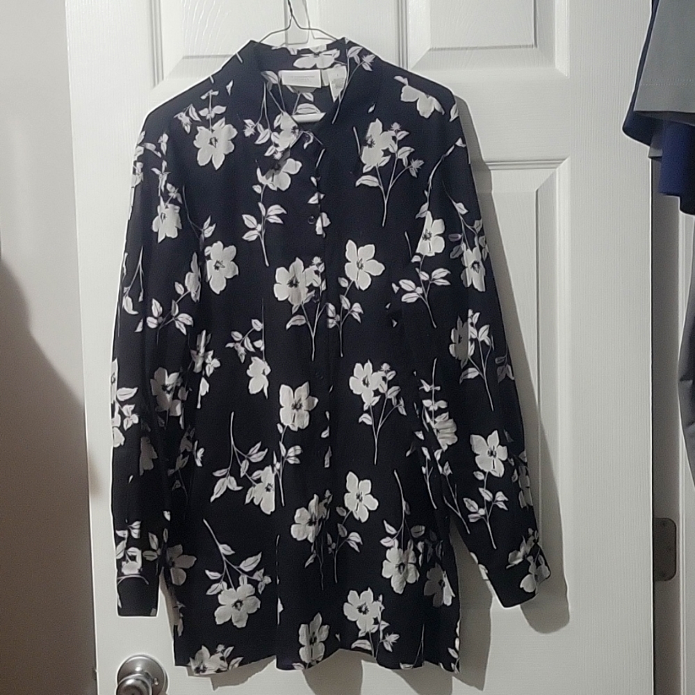Ladies long sleeve button-up blouse, black with white floral print